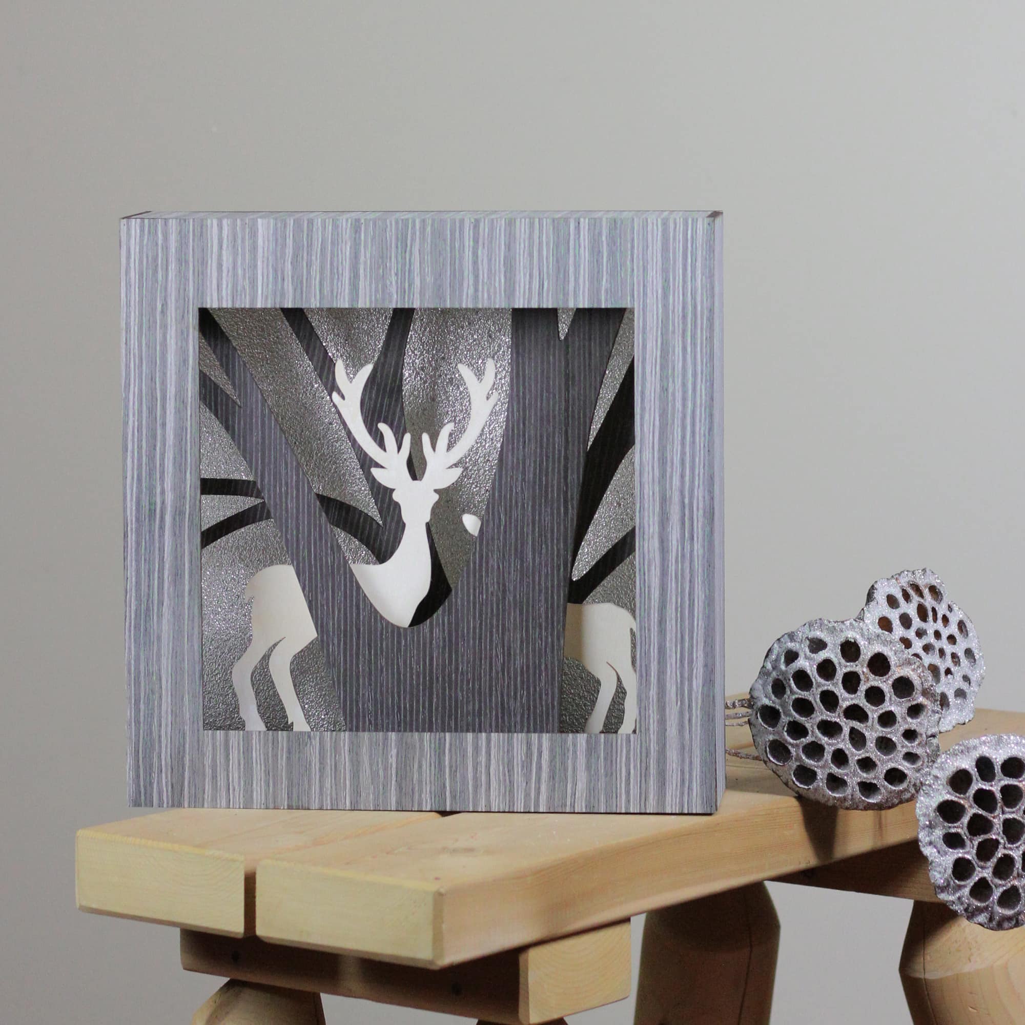 12" Glittered Woodland Deer Silhouette Box Framed Christmas Table Décor